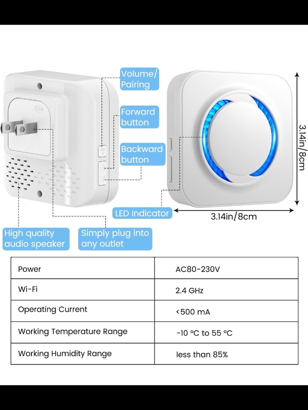 Smart Wireless Doorbell Chime - White with Blue LED (2 Pack) - Picture 2 of 6